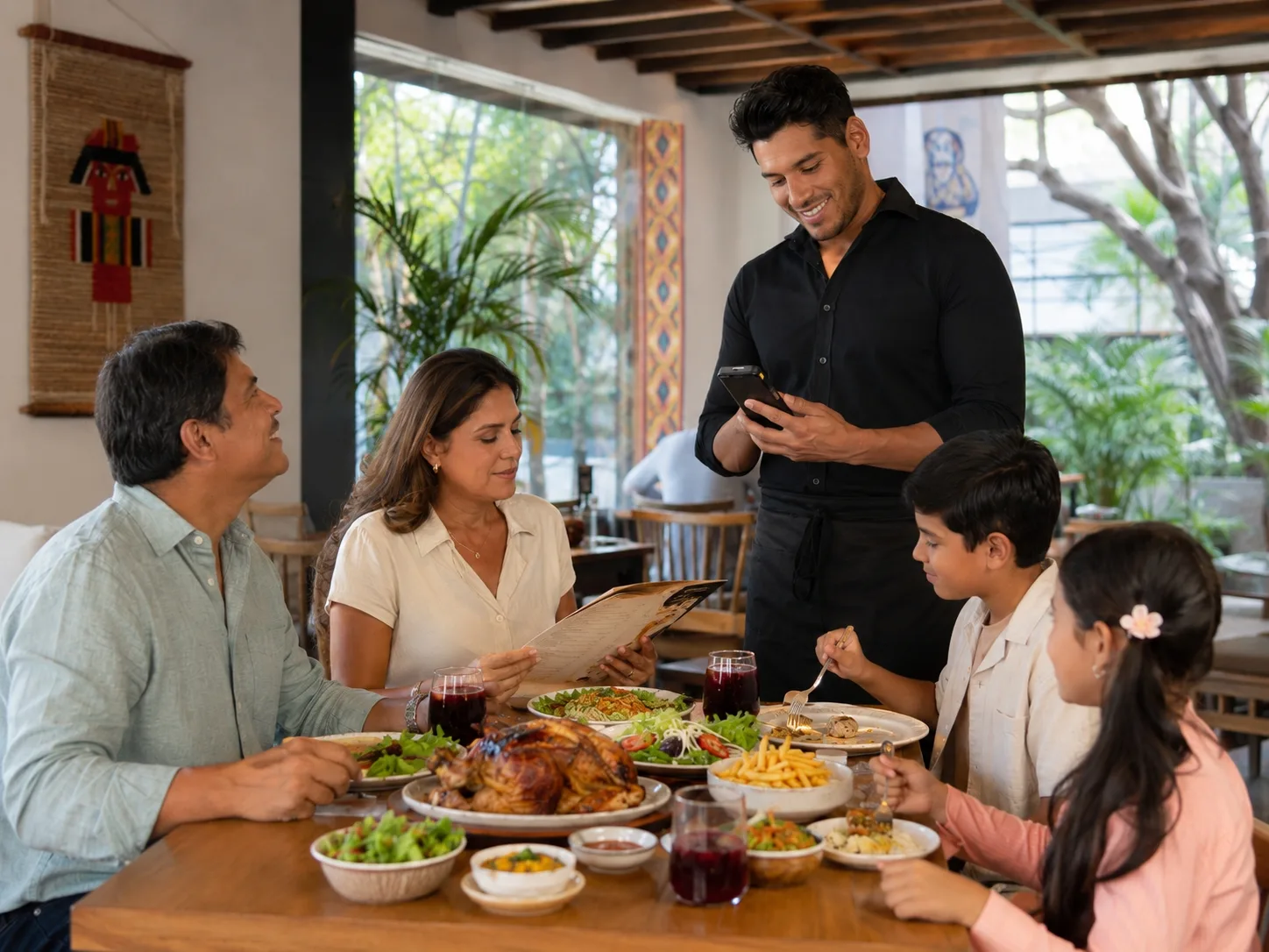 Mesero tomando la orden de una familia con el POS portátil Peblla